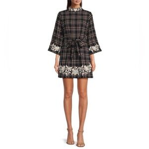 NWT Fanm Mon Layla Tweed Floral Embroidered Mock Neck Tie Waist Dress Sz XL